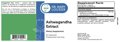 Dr. Mary Louder Ashwagandha Extract supplement label with nutritional information.
