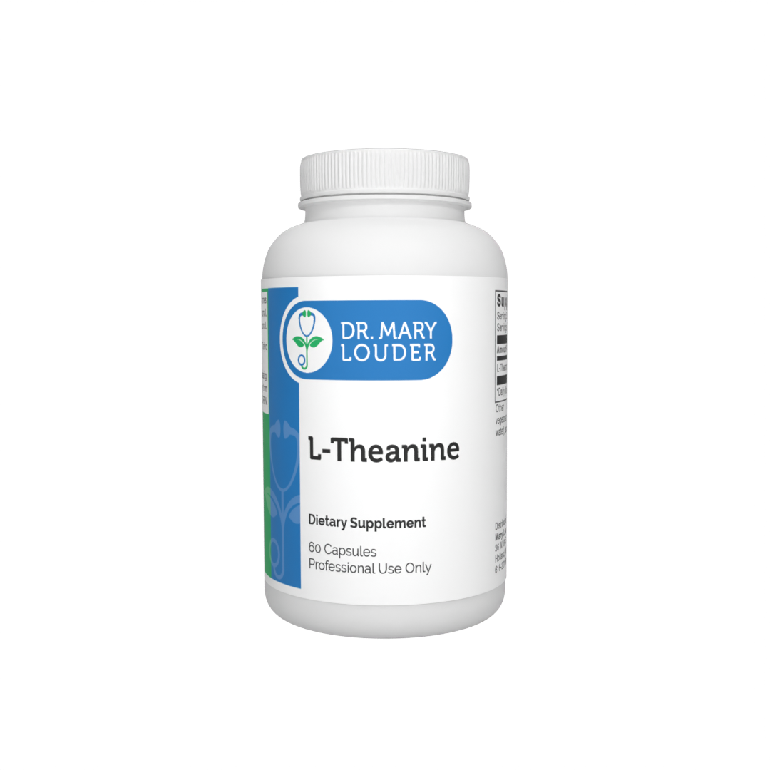 Supplement bottle labeled 'L-Theanine' by Dr. Mary Louder on a white background