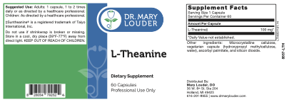Supplement label for L-Theanine by Dr. Mary Louder with dietary supplement information.