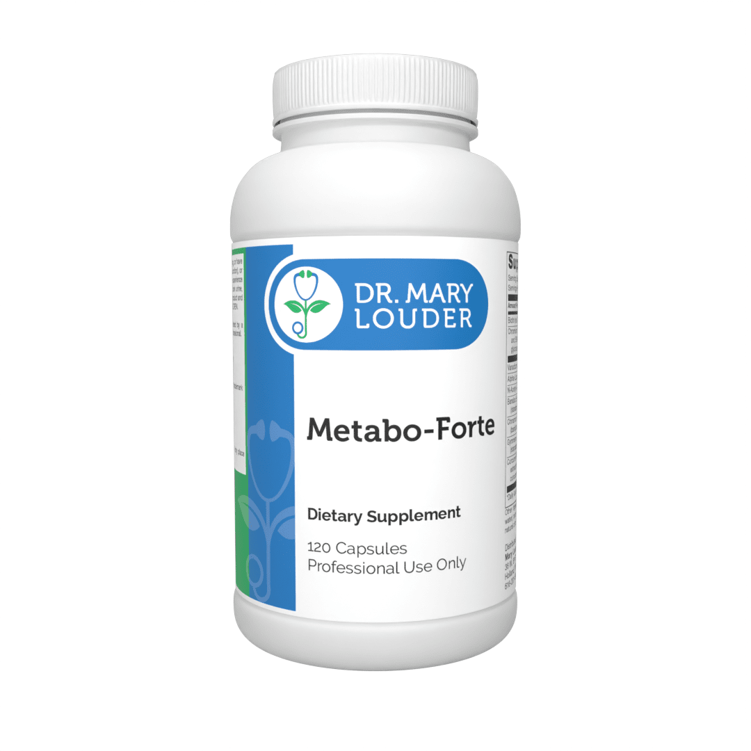 Supplement bottle labeled 'Metabo-Forte' by Dr. Mary Louder on a white background