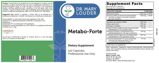 Supplement label for Dr. Mary Louder Metabo-Forte dietary supplement with supplement facts and branding.