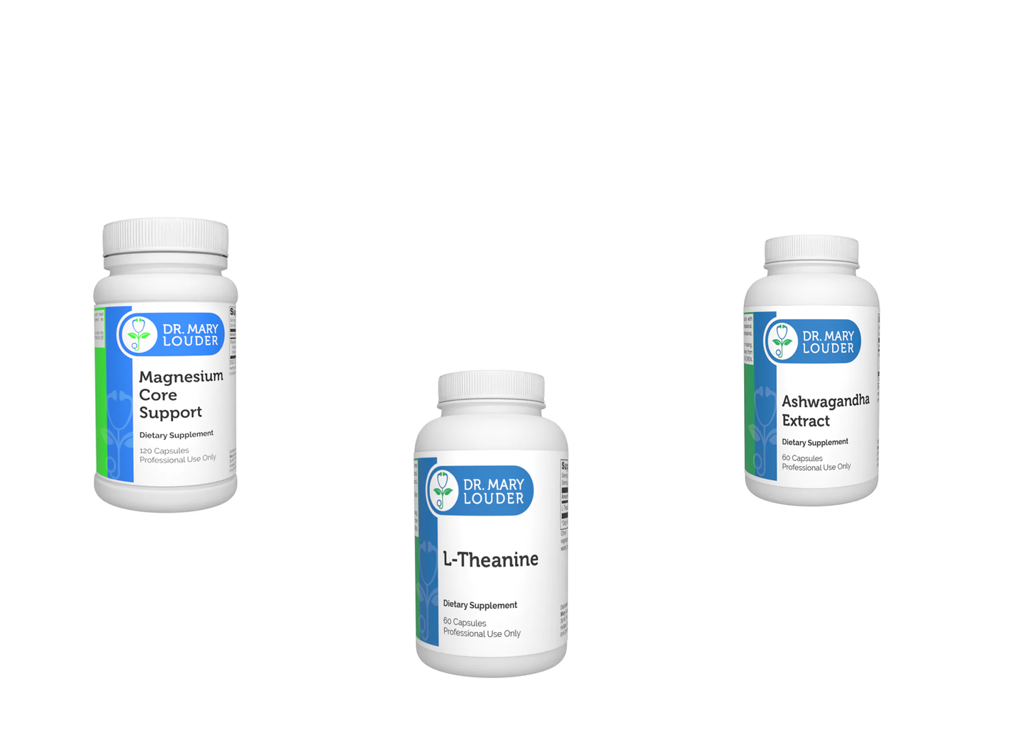 Three supplement bottles labeled 'Magnesium Core Support', 'L-Theanine', and 'Ashwagandha Extract' on a white background.