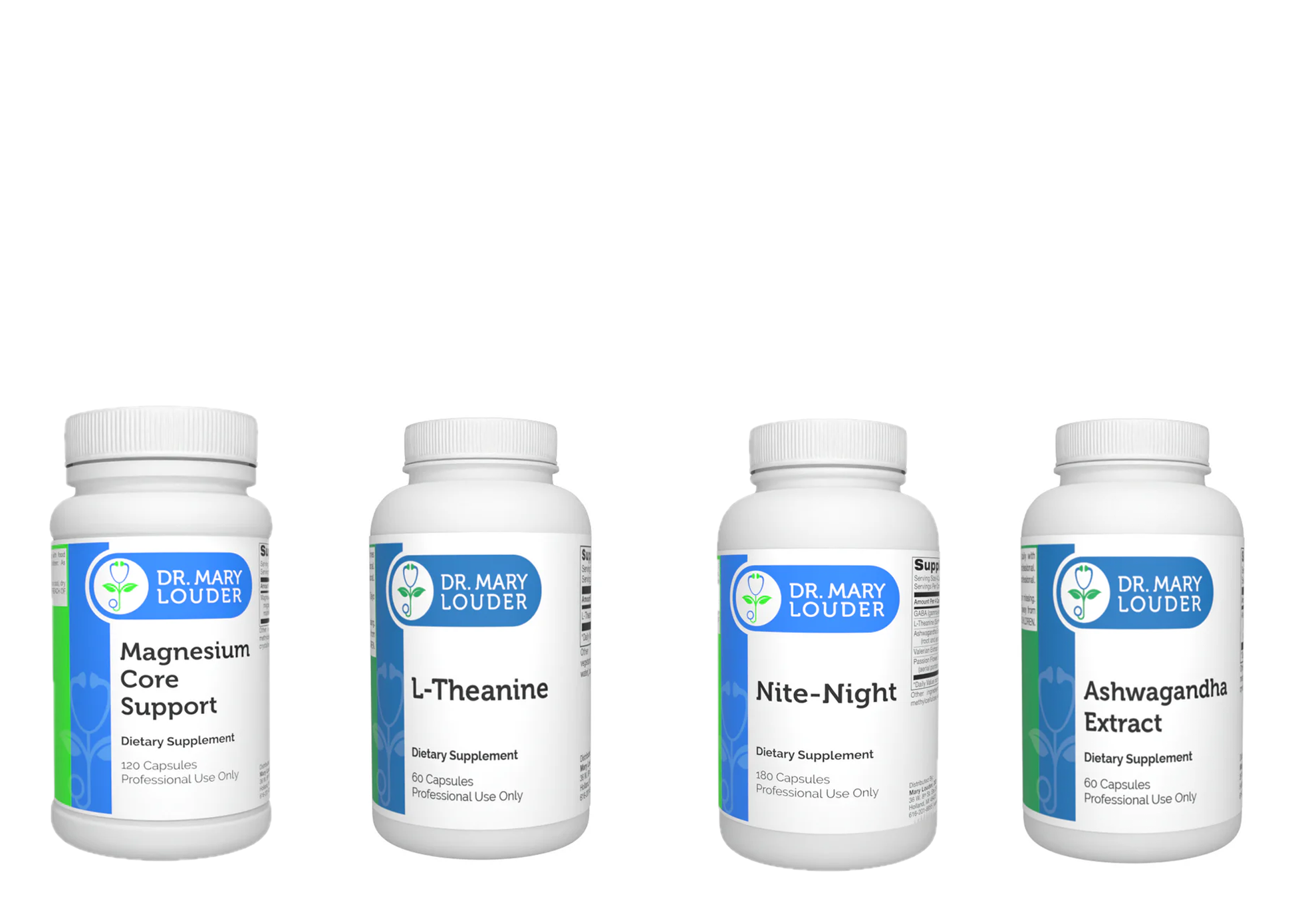 Four bottles of Dr. Mary Louder supplements on a white background